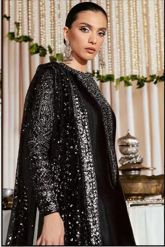 Black Georgette Round Neck Heavy Pakistani Suit with Embroidery Work