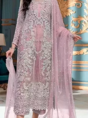 Light Pink Organza Round Neck Heavy Pakistani Suit with Embroidery Work