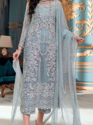 Gray Organza Round Neck Heavy Pakistani Suit with Embroidery Work