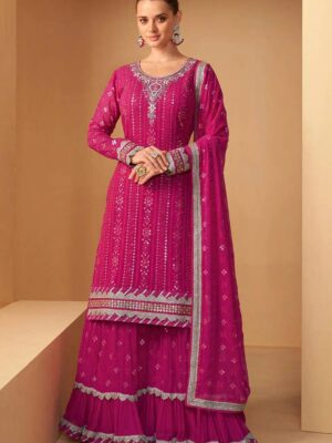 Pink Embroidered Faux Georgette Kurta Plazo with Round Neck