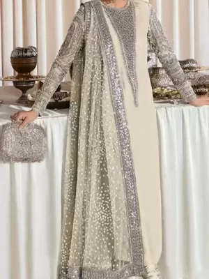 White Georgette Round Neck Heavy Pakistani Suit with Embroidery Work