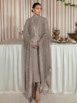 Light Gray Georgette Round Neck Heavy Pakistani Suit with Embroidery Work