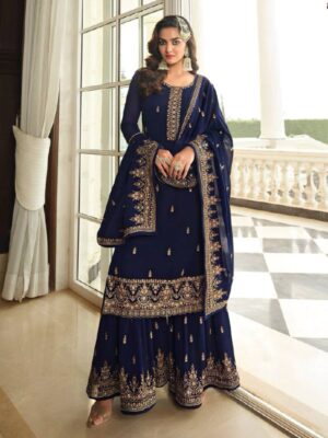 Elegant Blue Embroidered Georgette Pakistani Gharara Suit
