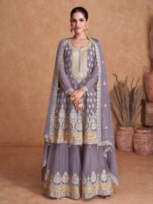 Gorgeous Dusty Purple Embroidered Chinon Wedding Wear Palazzo Suit