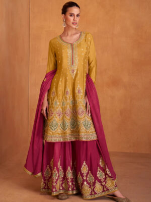 Awesome Yellow Embroidered Chinon Designer Palazzo Suits