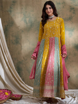 Yellow Embroidered Partywear Gown with Dupatta