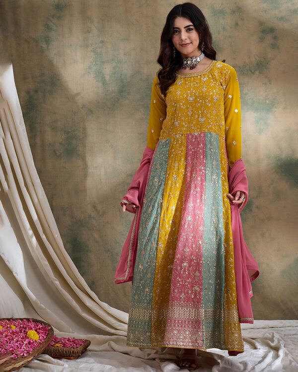 Yellow Embroidered Partywear Gown with Dupatta