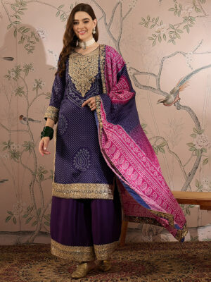 Purple Embroidered Chinon Straight Kurta Palazzo Set