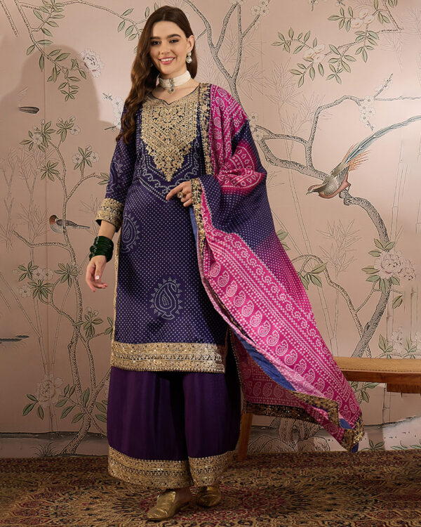 Purple Embroidered Chinon Straight Kurta Palazzo Set