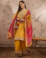 Yellow Embroidered Chinon Straight Kurta Palazzo Set