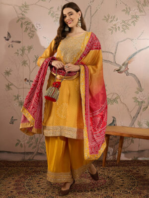 Yellow Embroidered Chinon Straight Kurta Palazzo Set