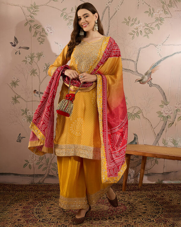 Yellow Embroidered Chinon Straight Kurta Palazzo Set