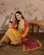 Yellow Embroidered Chinon Straight Kurta Palazzo Set