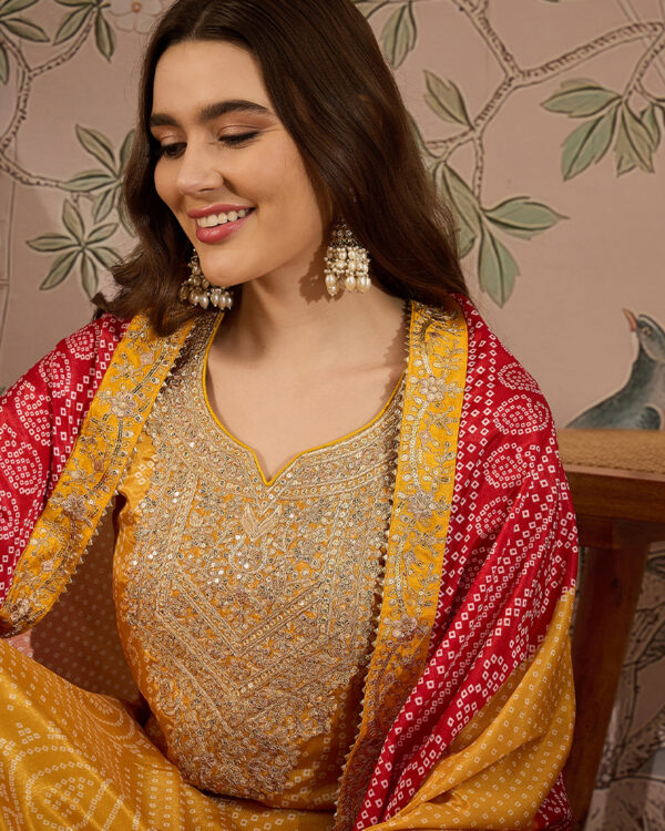 Yellow Embroidered Chinon Straight Kurta Palazzo Set