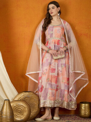 Peach Embroidered TP Silk Anarkali Gown with Net Dupatta