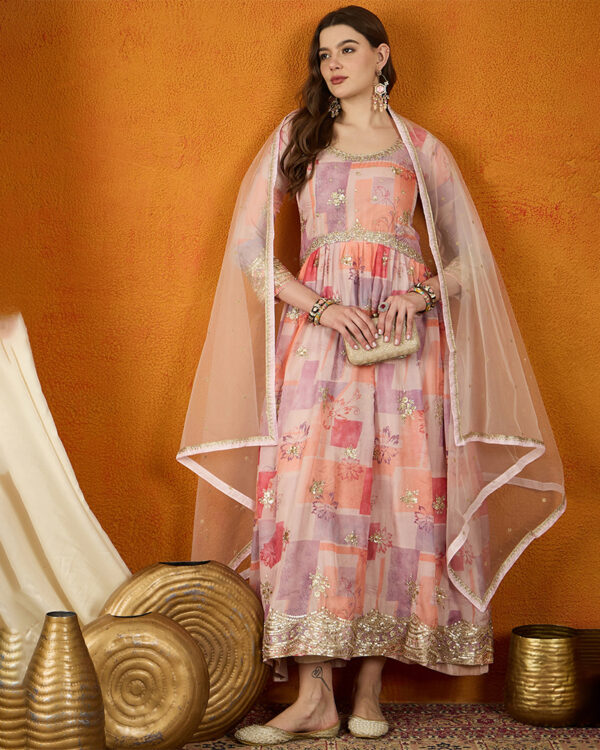 Peach Embroidered TP Silk Anarkali Gown with Net Dupatta