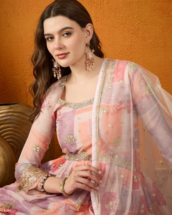 Peach Embroidered TP Silk Anarkali Gown with Net Dupatta