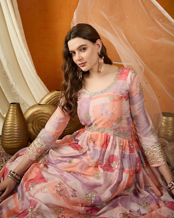 Peach Embroidered TP Silk Anarkali Gown with Net Dupatta