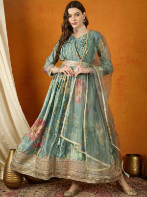 Green Embroidered Chinon Anarkali Gown with Net Dupatta