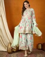 Pista Embroidered Chinon Anarkali Kurta Sharara Set