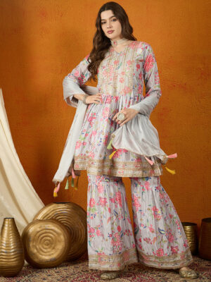 Grey Embroidered Chinon Anarkali Kurta Sharara Set