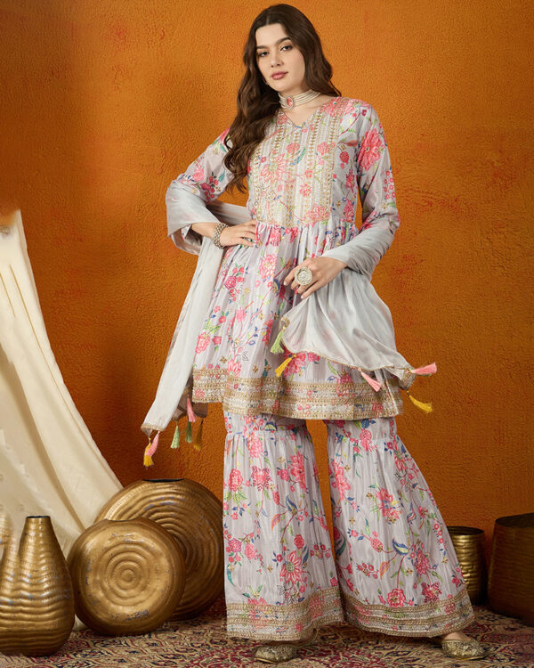 Grey Embroidered Chinon Anarkali Kurta Sharara Set