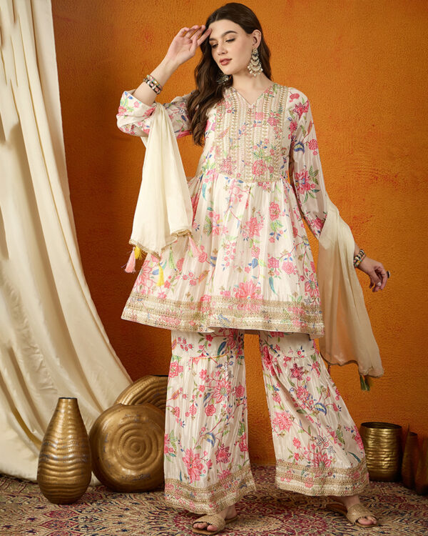 Cream Embroidered Chinon Anarkali Kurta Sharara Set