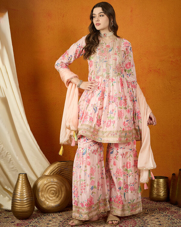 Peach Embroidered Chinon Anarkali Kurta Sharara Set