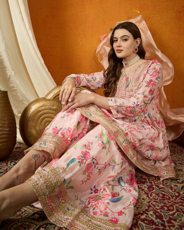 Peach Embroidered Chinon Anarkali Kurta Sharara Set