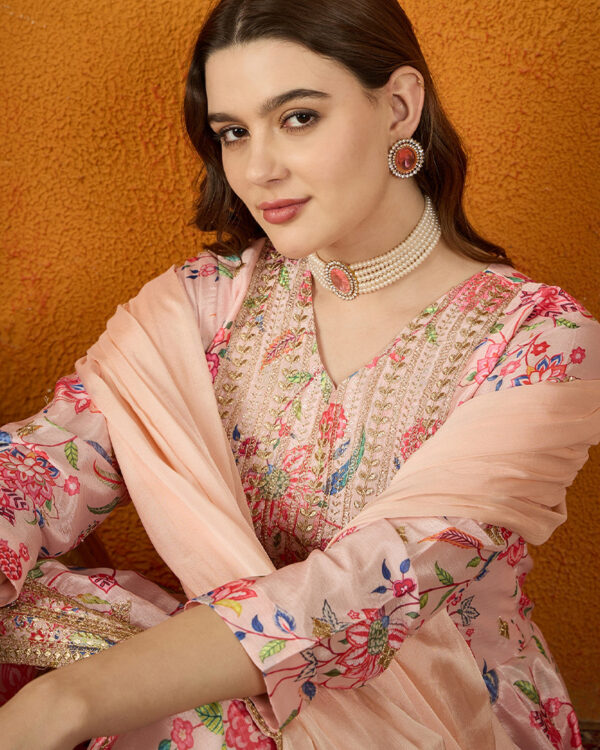 Peach Embroidered Chinon Anarkali Kurta Sharara Set