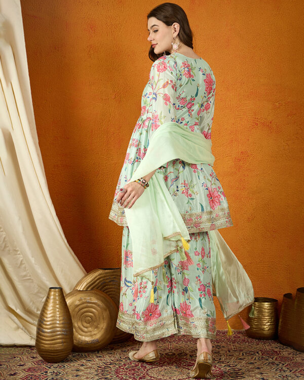 Pista Embroidered Chinon Anarkali Kurta Sharara Set