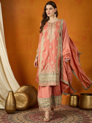 Peach Embroidered Chinon Straight Kurta Palazzo Set