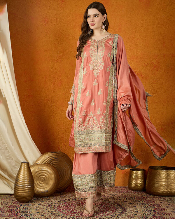 Peach Embroidered Chinon Straight Kurta Palazzo Set