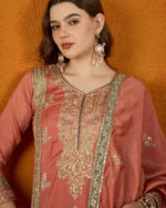 Peach Embroidered Chinon Straight Kurta Palazzo Set