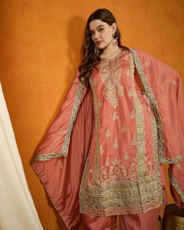 Peach Embroidered Chinon Straight Kurta Palazzo Set