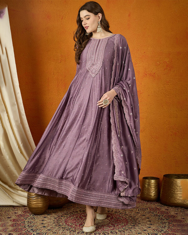 Purple Embroidered Chinon Anarkali Gown