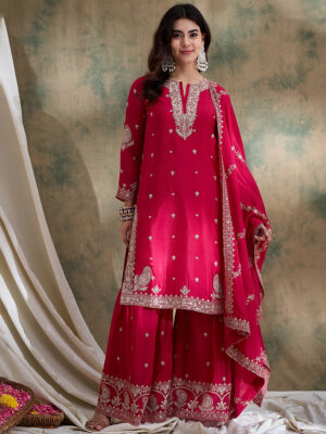 Pink Embroidered Chinon Straight Kurta Sharara Set