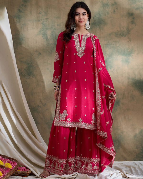 Pink Embroidered Chinon Straight Kurta Sharara Set