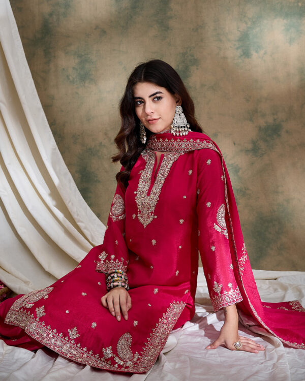 Pink Embroidered Chinon Straight Kurta Sharara Set