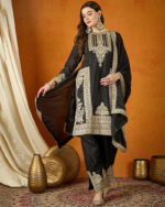 Black Embroidered Chinon Straight Kurta Palazzo Set