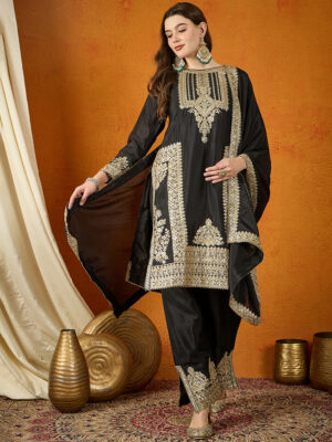 Black Embroidered Chinon Straight Kurta Palazzo Set