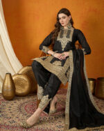 Black Embroidered Chinon Straight Kurta Palazzo Set