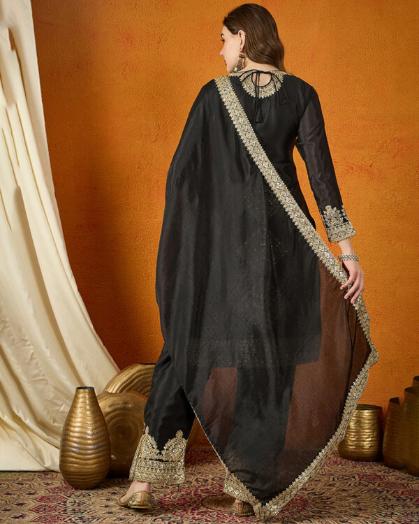 Black Embroidered Chinon Straight Kurta Palazzo Set