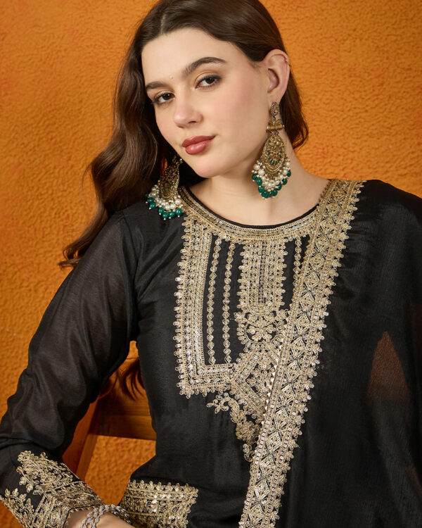 Black Embroidered Chinon Straight Kurta Palazzo Set