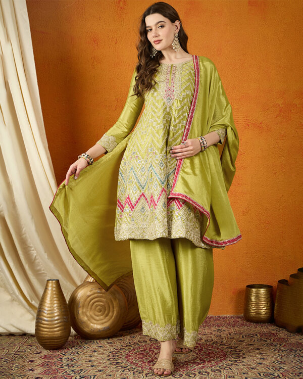 Mehendi Embroidered Chinon A-line Kurta Palazzo Set