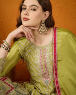 Mehendi Embroidered Chinon A-line Kurta Palazzo Set