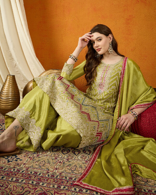 Mehendi Embroidered Chinon A-line Kurta Palazzo Set