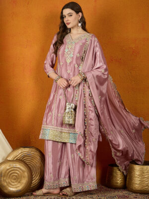 Light Purple Embroidered Chinon Straight Kurta Palazzo Set