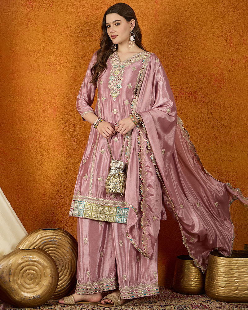 Light Purple Embroidered Chinon Straight Kurta Palazzo Set