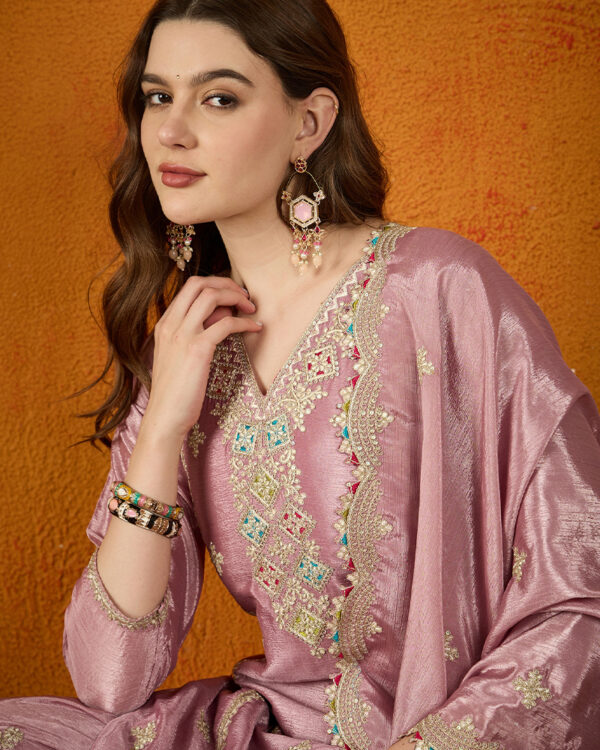 Light Purple Embroidered Chinon Straight Kurta Palazzo Set